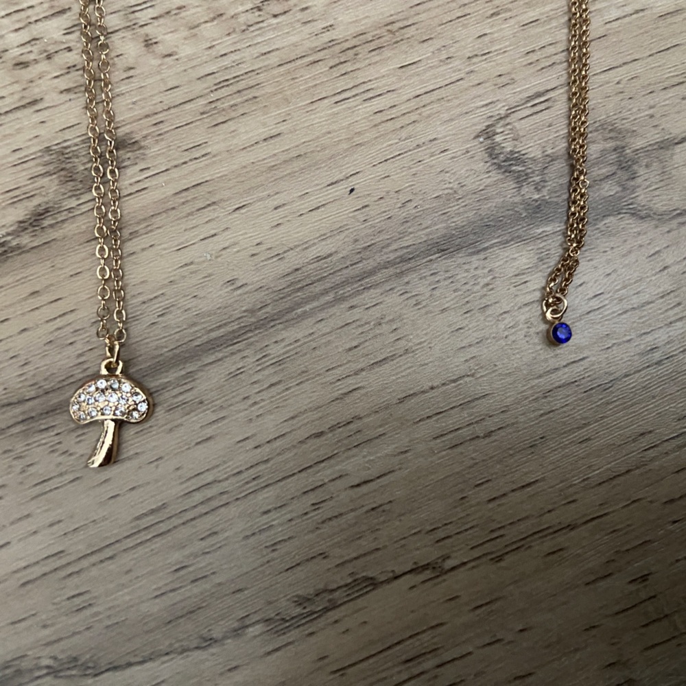 mushroom and mini blue pendant necklace set.